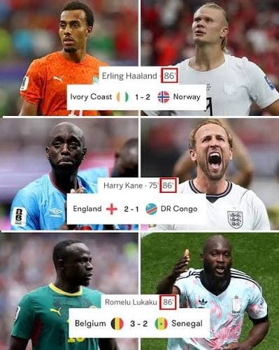 Illustration — Coupe du monde 2026 : la « malédiction de la 86e minute » frappe la Côte d'Ivoire, le Sénégal et la RDC le même soir, Haaland, Kane et Lukaku au même instant fatidique